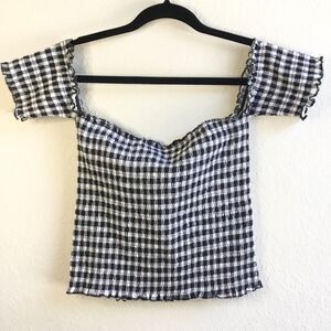 Gingham super stretchy raunched off shoulder top western prairie cottagecore